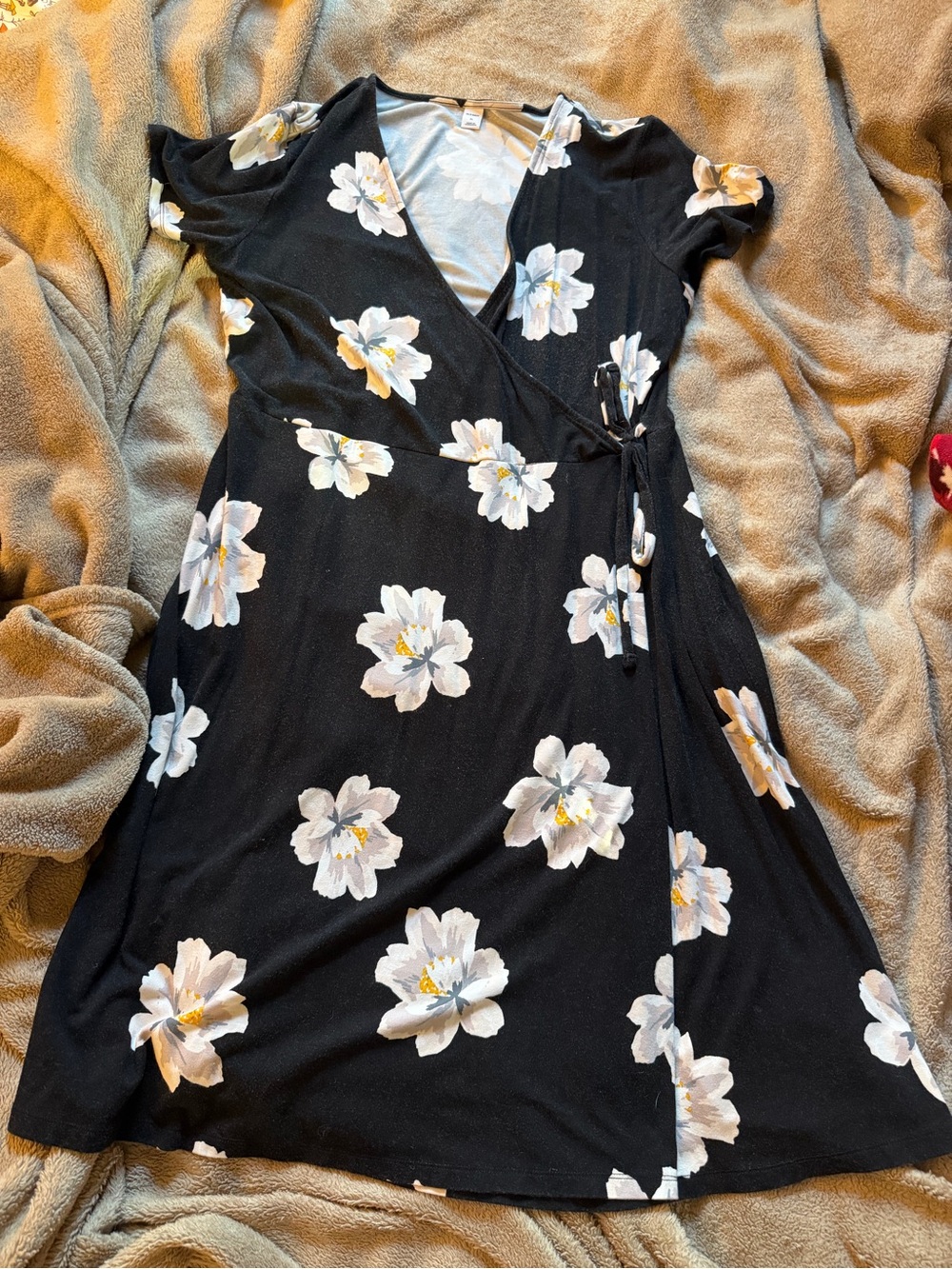 Old Navy Black Floral Wrap Midi Dress with White and Yellow Blossoms